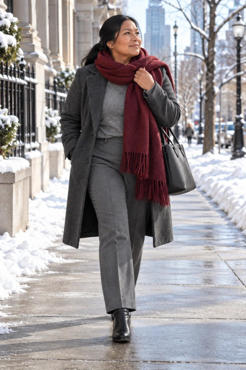Burgundy Scarf as the Only Color in a Gray Outfit