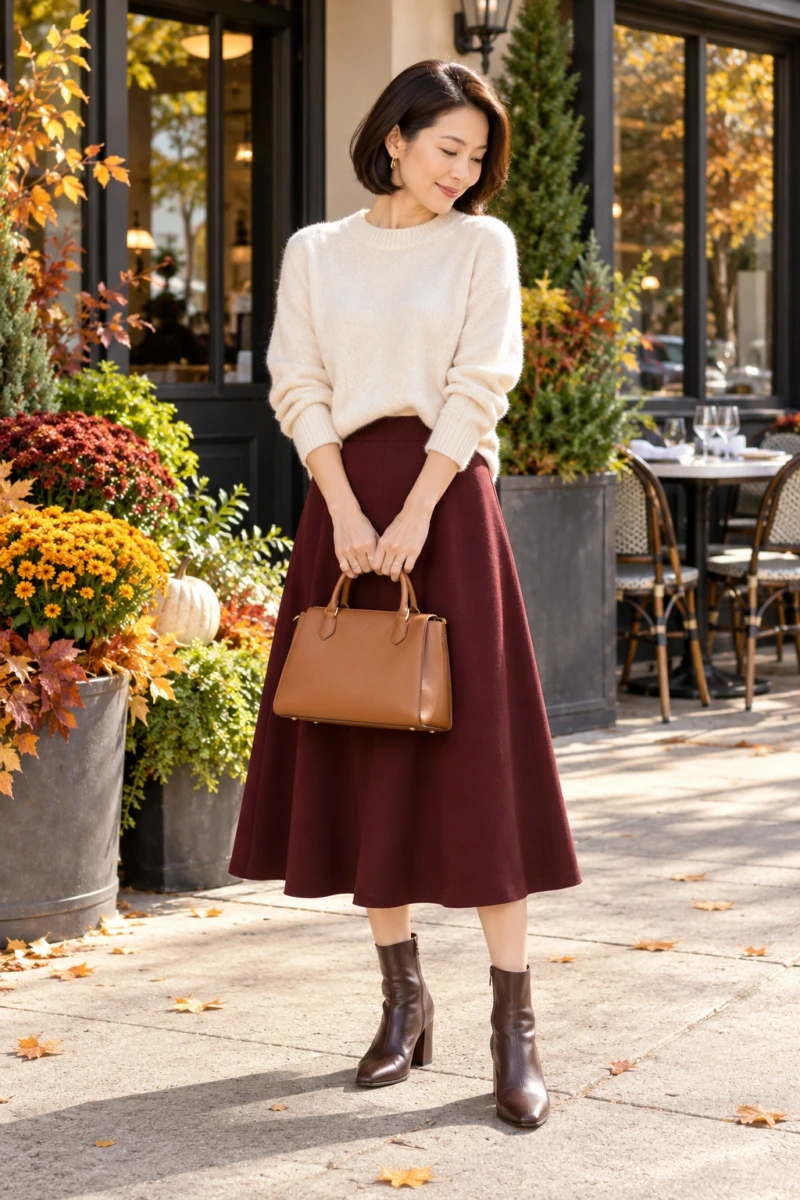 Burgundy Midi Skirt With a Cream Knit