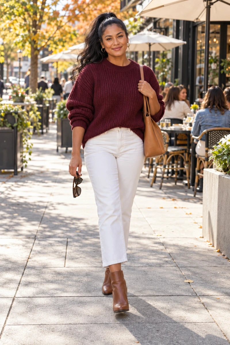 Burgundy Chunky Knit With White Jeans