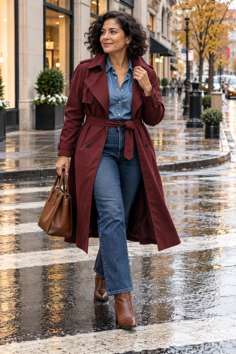 Burgundy Trench Over Head to Toe Denim