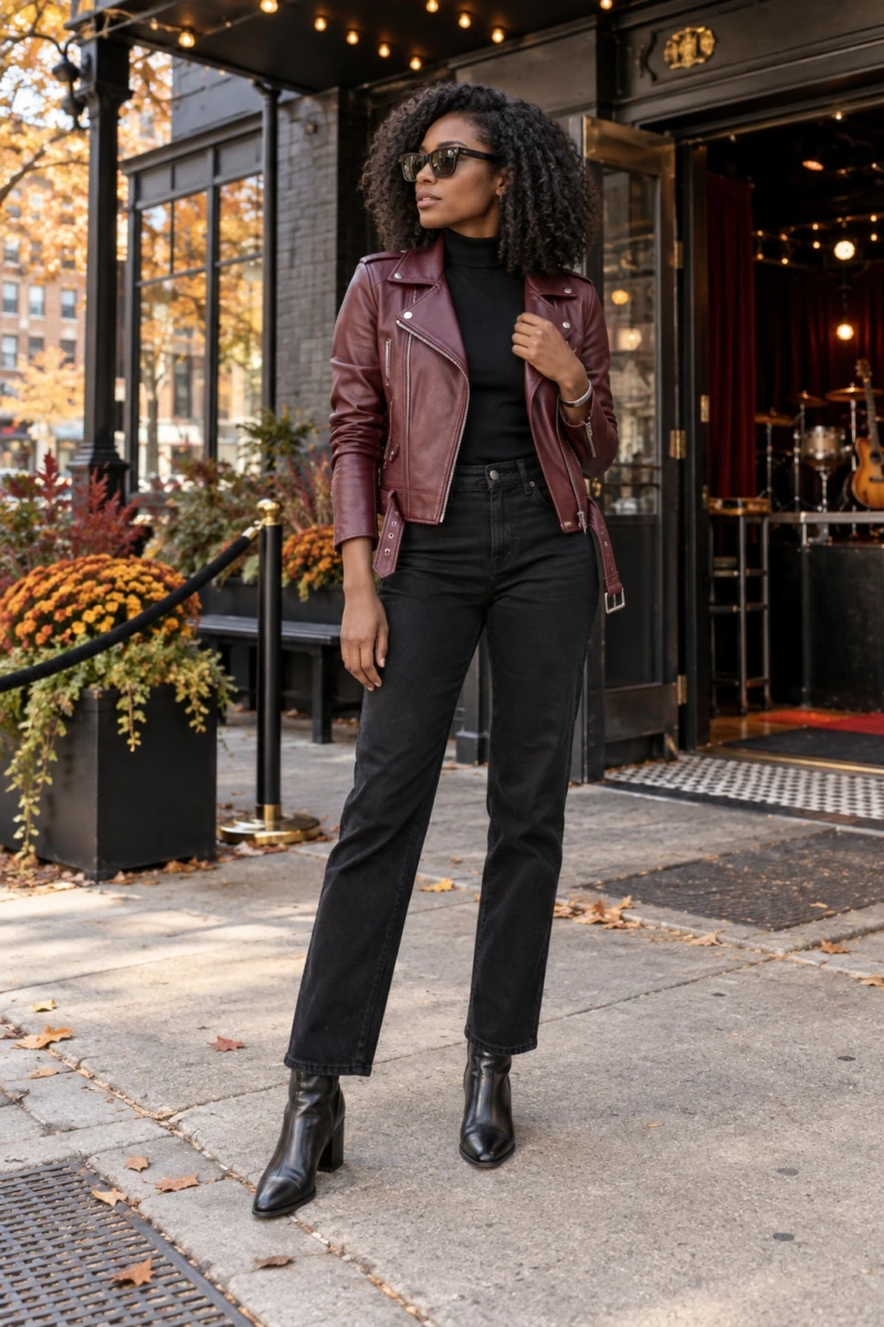 Burgundy Leather Jacket Over an All Black Outfit