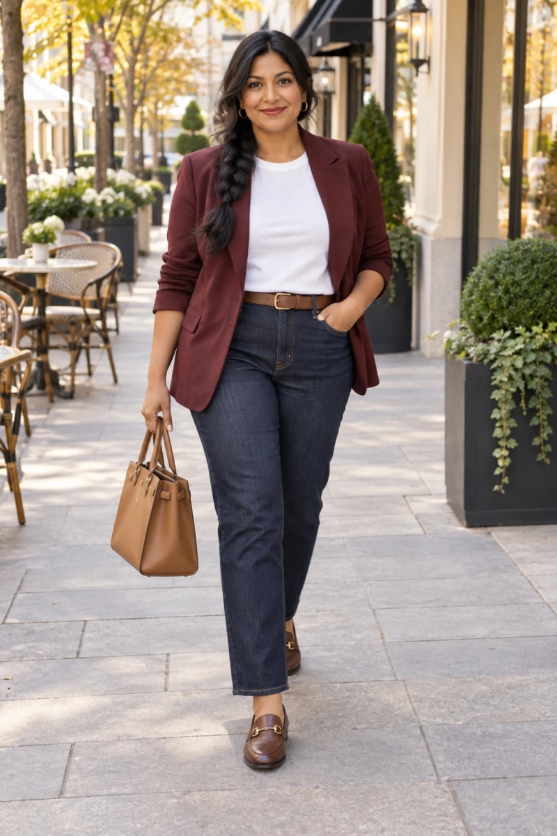 Burgundy Blazer, White Tee, and Dark Denim