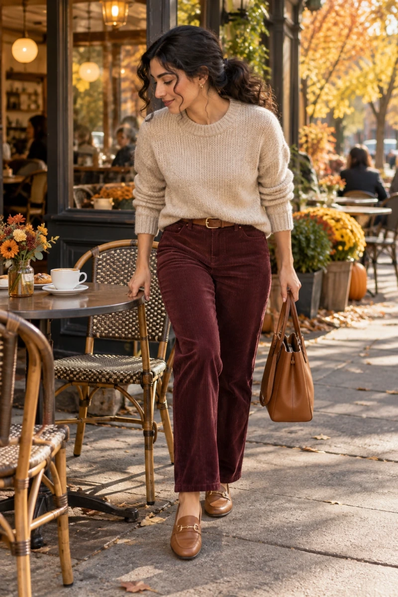 Burgundy Corduroy Trousers and an Oatmeal Sweater