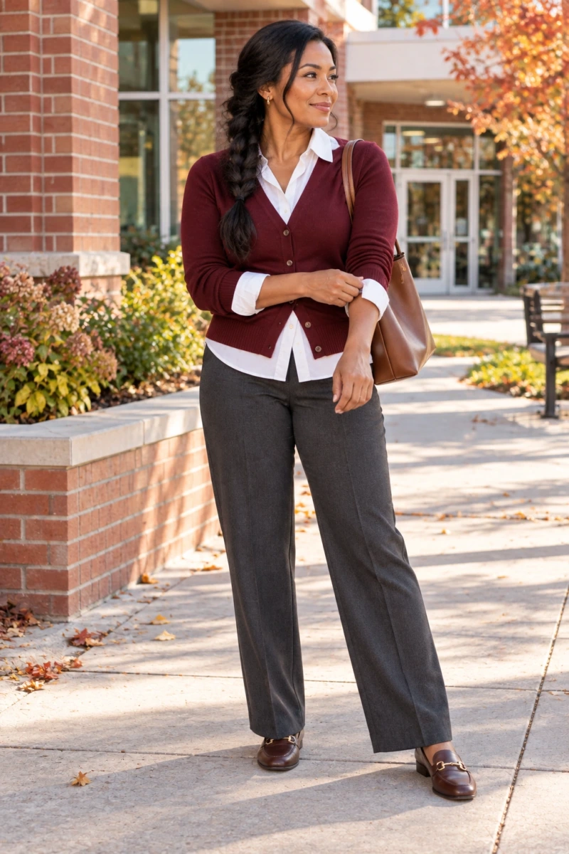 Burgundy Cardigan Over a White Button Down