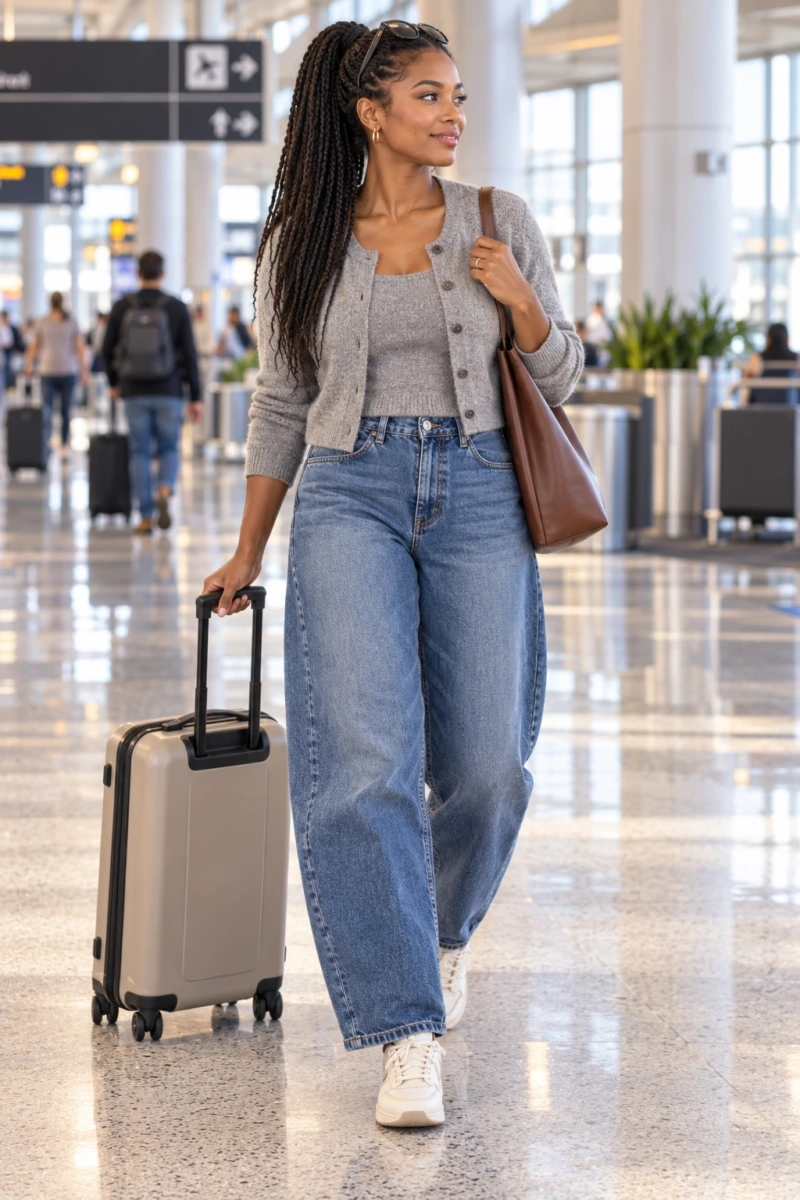 Cropped Cardigan Set With Barrel Leg Jeans