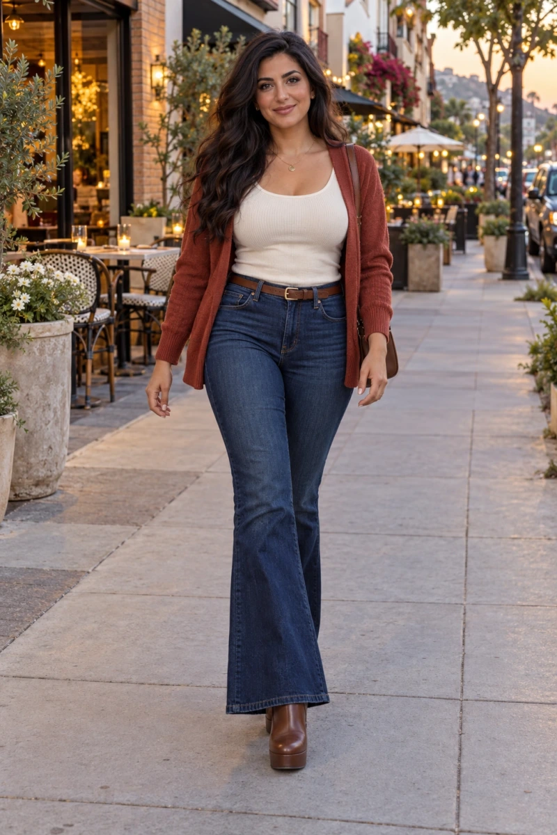 Open Cardigan Over a Ribbed Tank and Flares