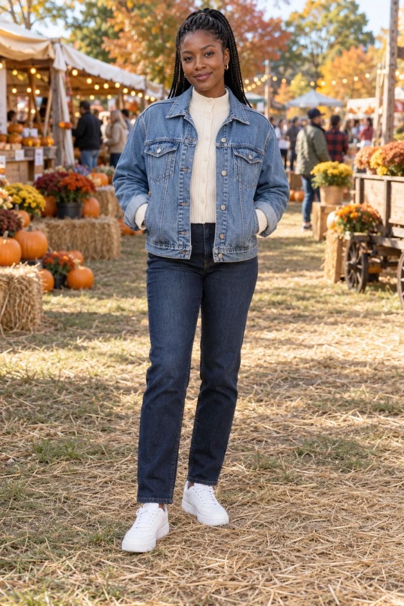 Cardigan Layered Under a Denim Jacket