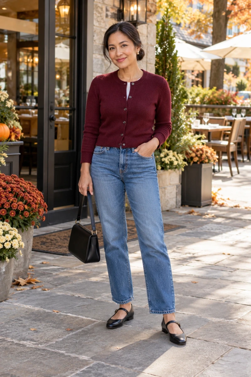 Burgundy Cardigan, Mid Wash Jeans, and Mary Janes