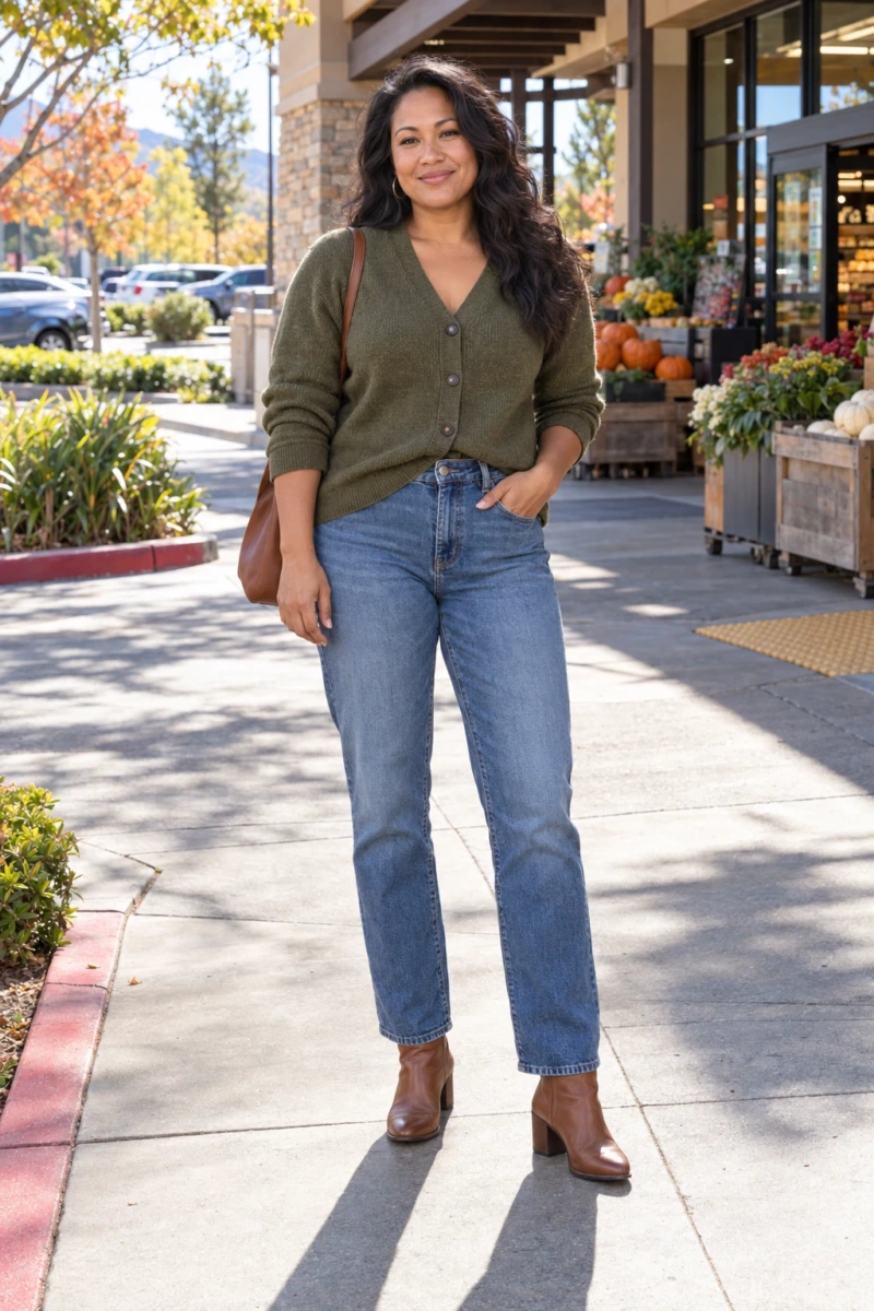 Cardigan Half Tucked Into Straight Leg Jeans