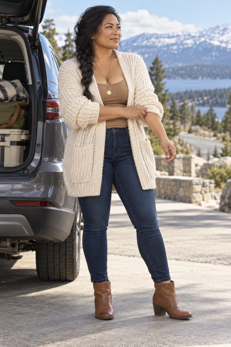 Oversized Cream Cardigan With Dark Wash Skinny Jeans