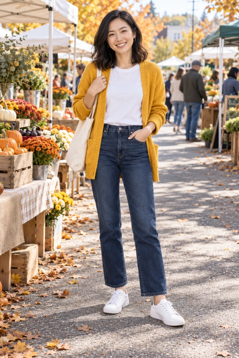 Mustard Cardigan, Dark Denim, and a White Tee