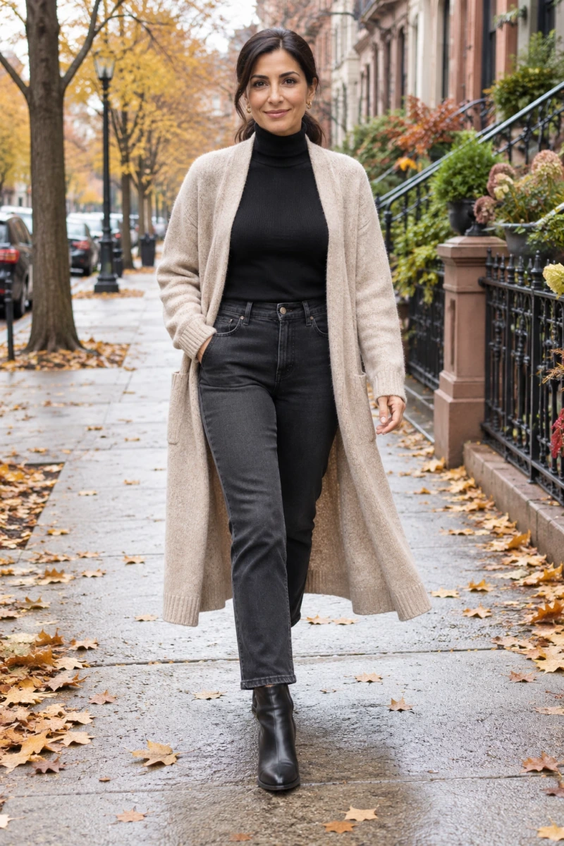 Long Cardigan Over a Turtleneck and Jeans