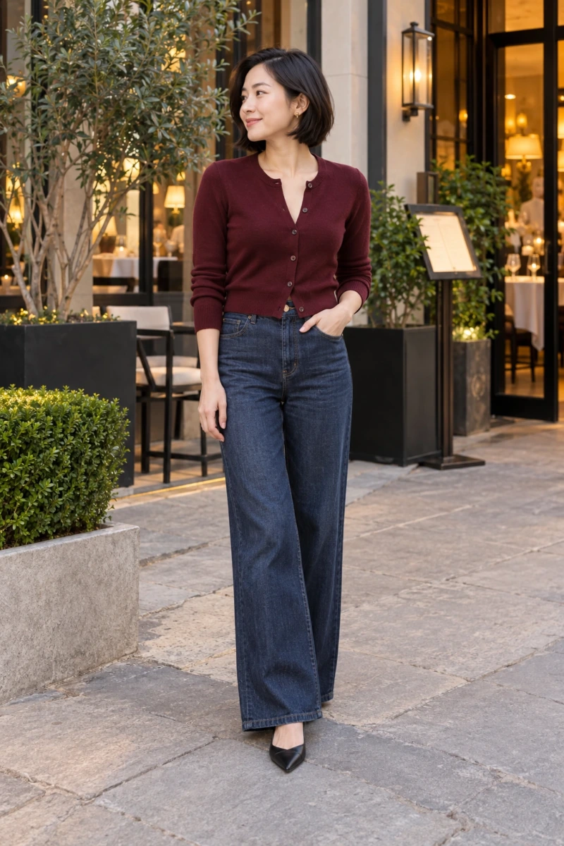 Button Up Cardigan Worn as a Top With Wide Leg Jeans