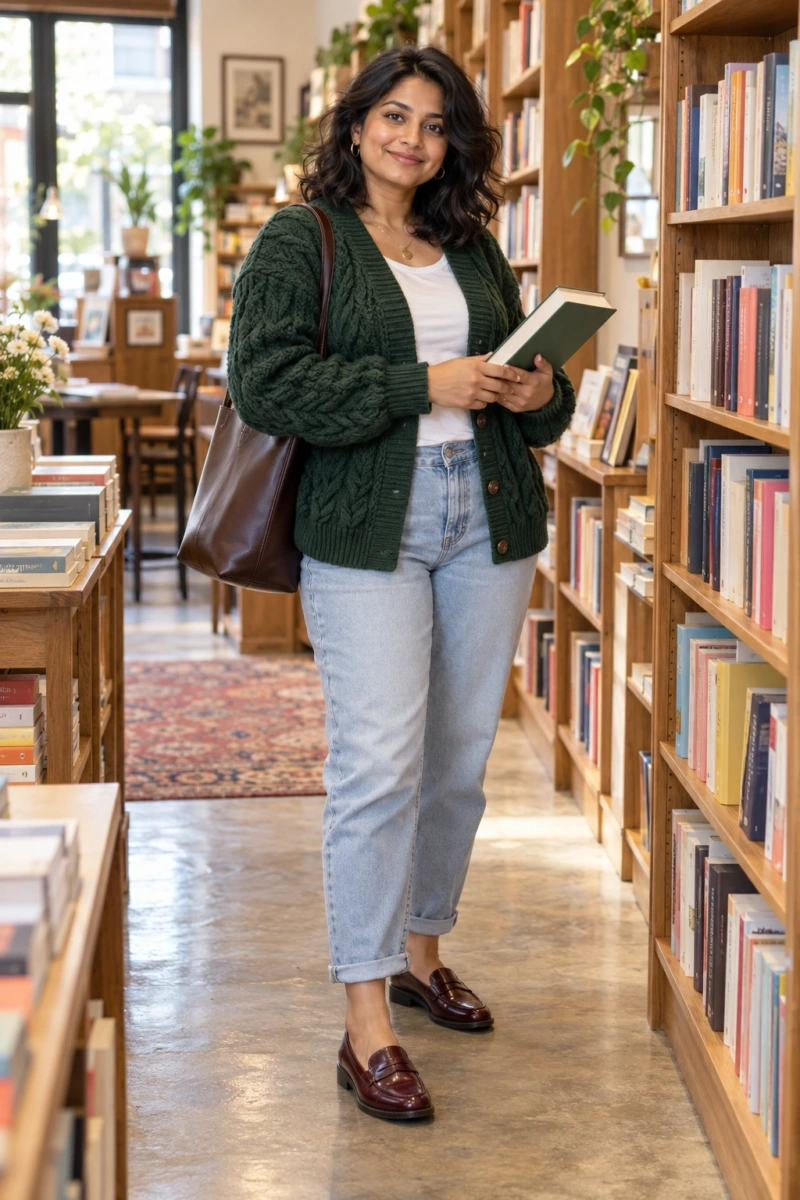Cable Knit Cardigan, Light Wash Mom Jeans, and Loafers