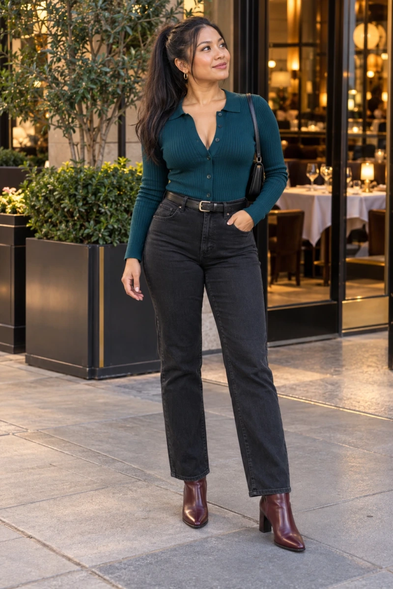Fitted Ribbed Cardigan Tucked Into High Waisted Jeans