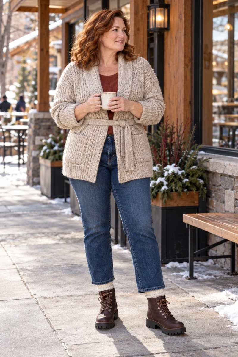 Chunky Shawl Collar Cardigan With Straight Leg Denim
