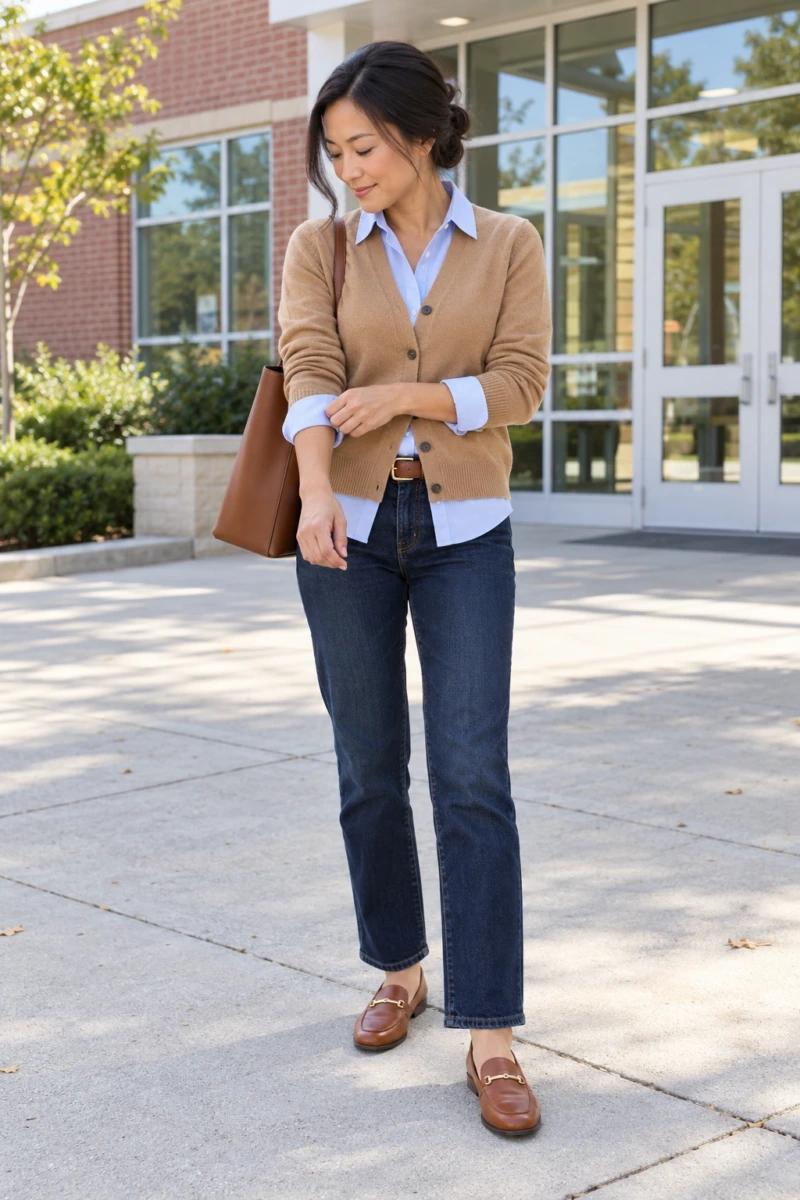 Cardigan Over a Collared Shirt With Dark Jeans