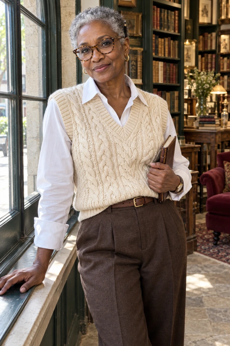 Cream Cable Knit Vest, White Collared Shirt, and Brown Trousers