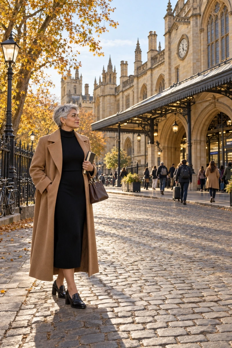 Long Camel Coat, Black Turtleneck Dress, and Loafers