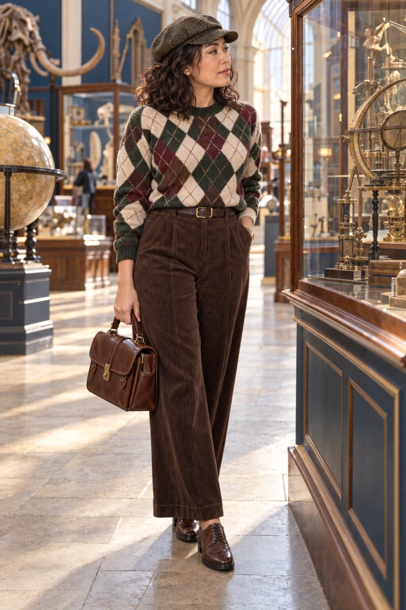 Argyle Sweater, Brown Corduroy Pants, and Brogues