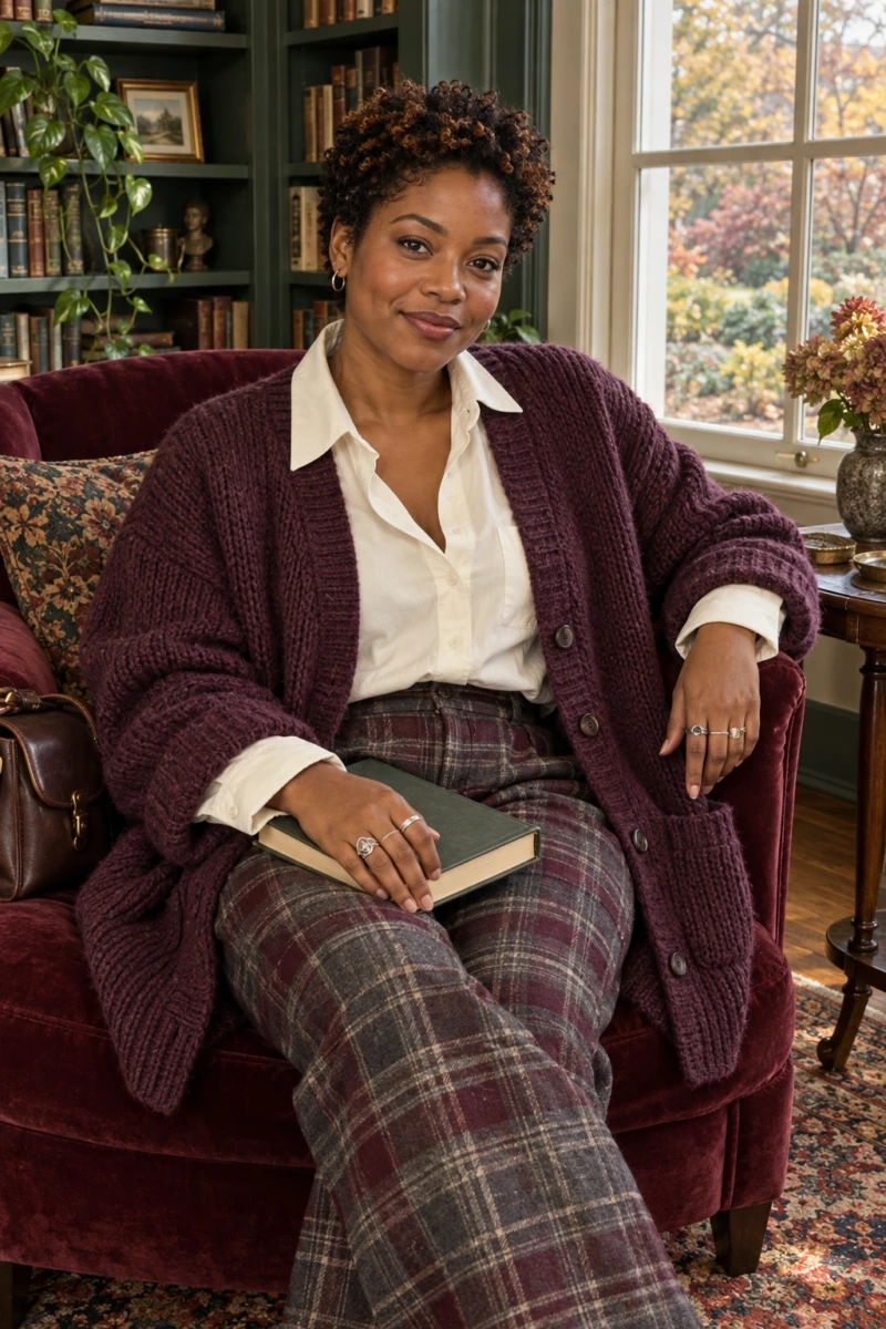 Oversized Cardigan, Button-Down Shirt, and Plaid Trousers