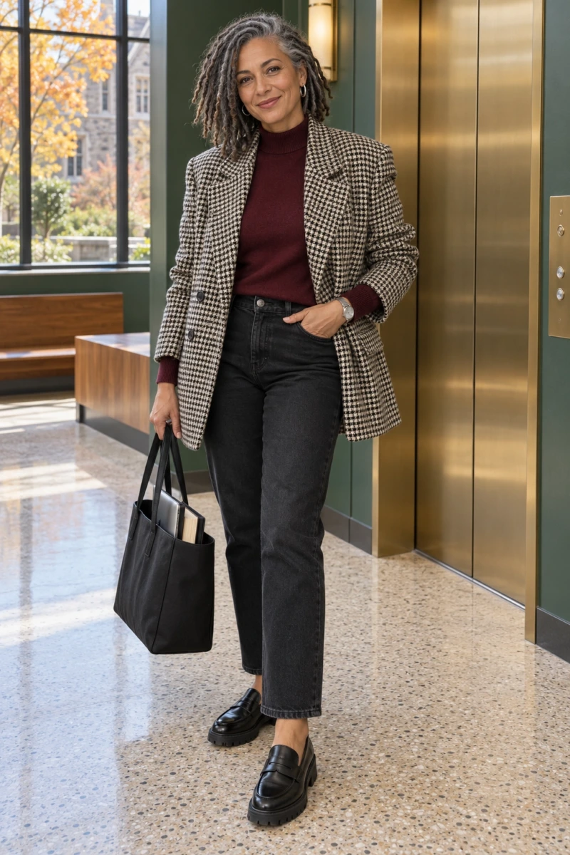 Houndstooth Blazer, Black Jeans, and Chunky Loafers