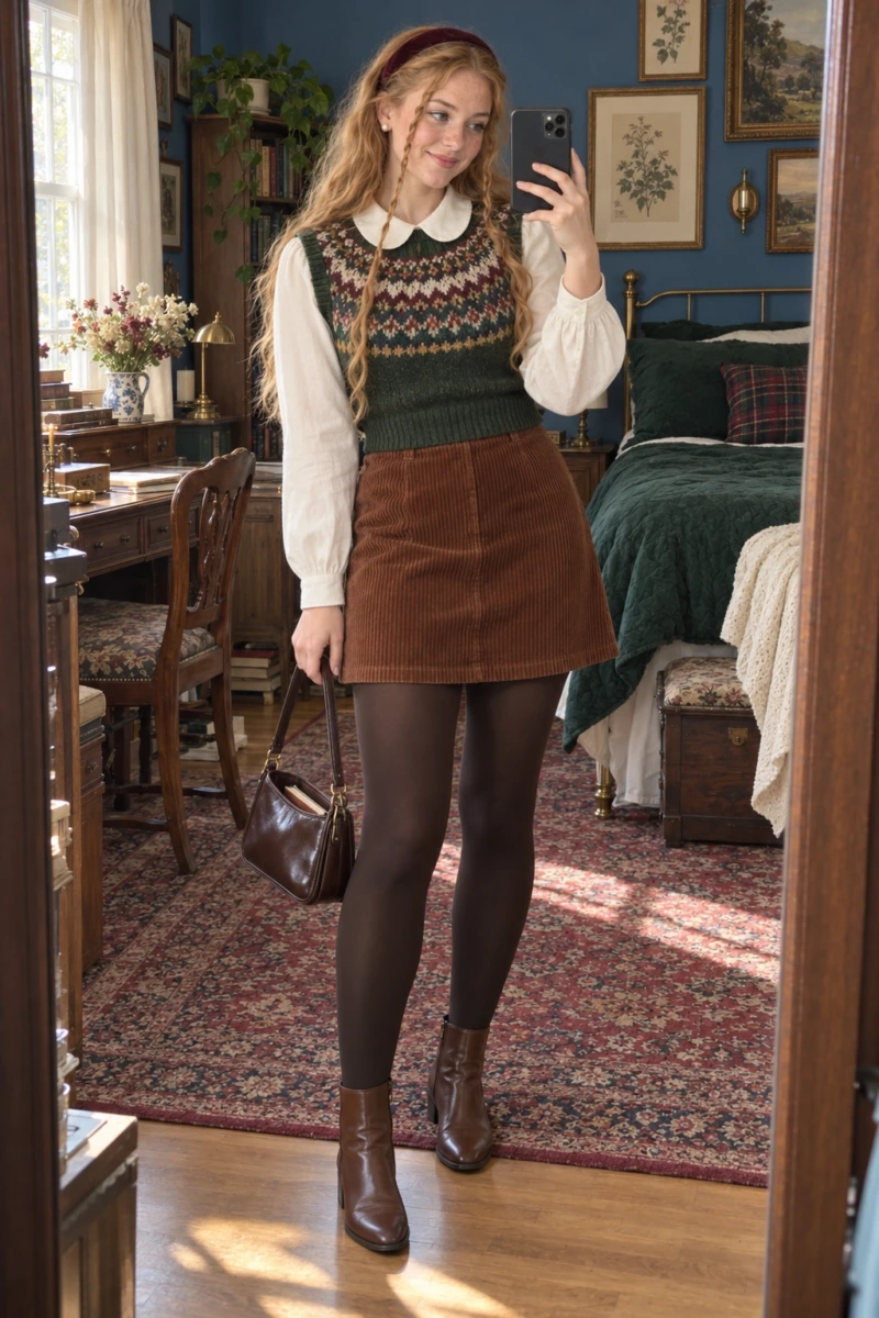 Fair Isle Vest, Peter Pan Collar Blouse, and Corduroy Mini Skirt