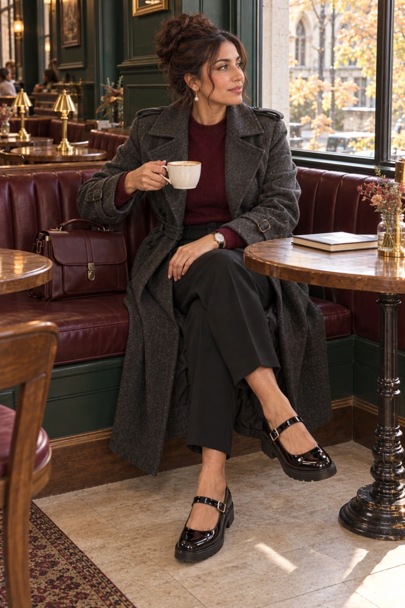Wool Trench Coat, Burgundy Knit, and Mary Janes