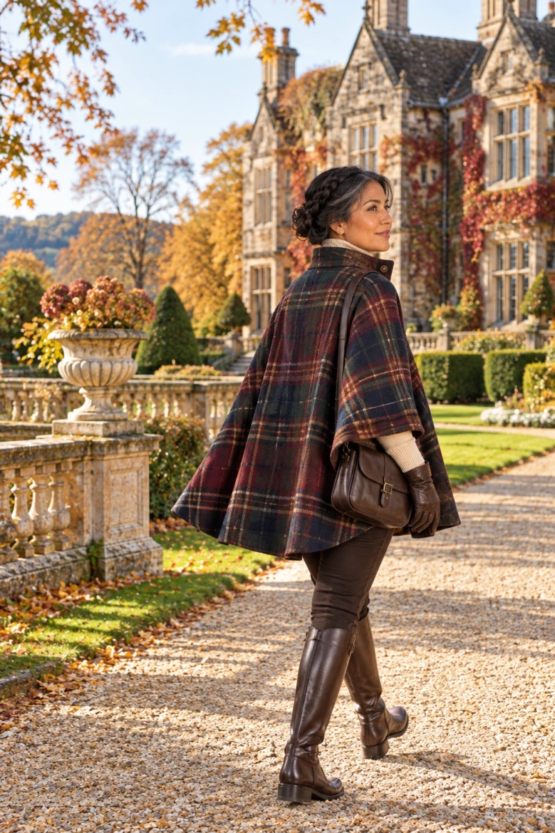 Plaid Wool Cape, Fitted Turtleneck, and Riding Boots