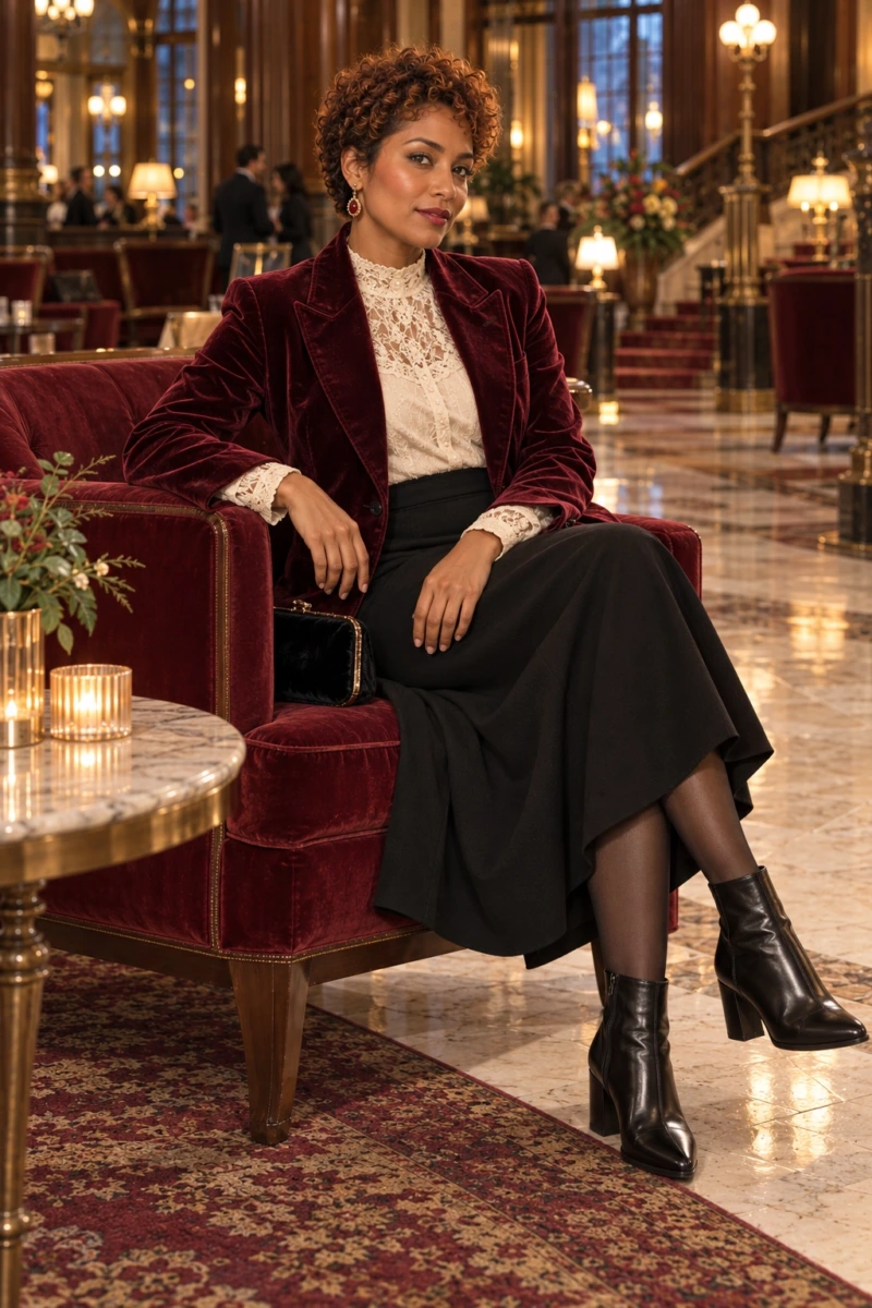 Burgundy Velvet Blazer, Lace Blouse, and Black Skirt