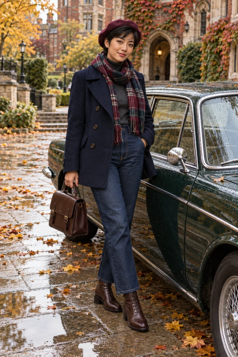 Navy Peacoat, Tartan Scarf, and Oxford Boots
