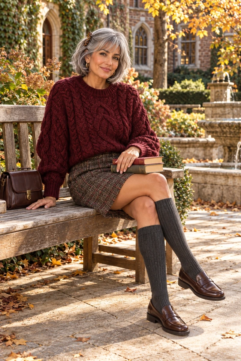 Chunky Knit Sweater, Tweed Mini Skirt, and Knee Socks