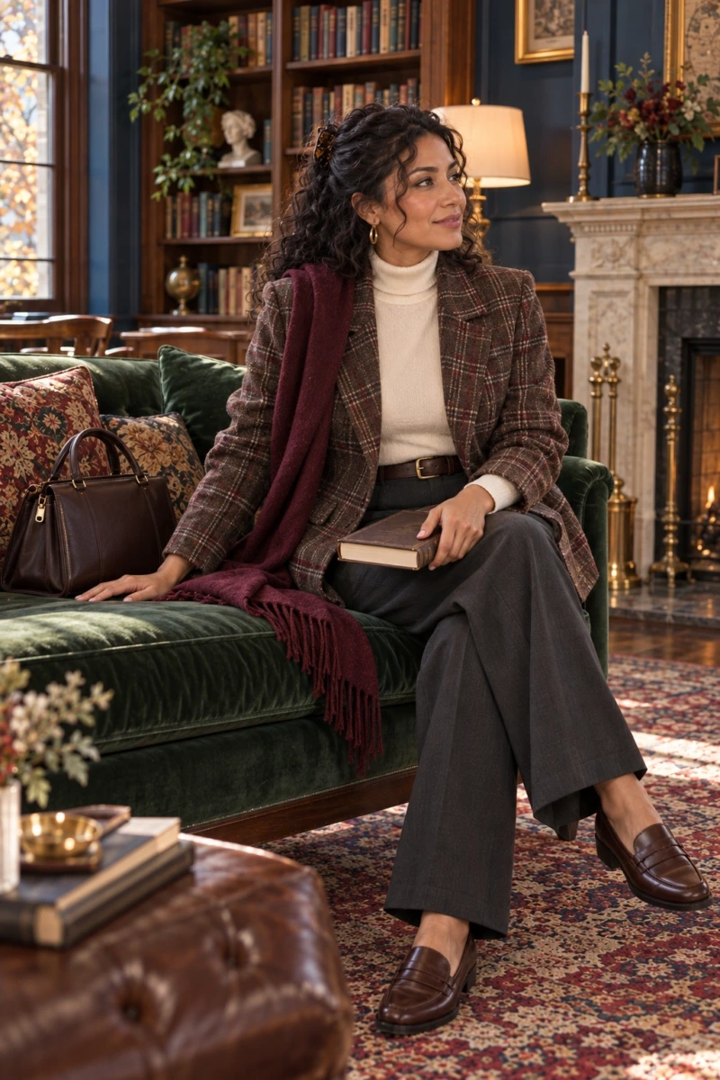 Brown Plaid Blazer, Cream Turtleneck, and Pleated Trousers