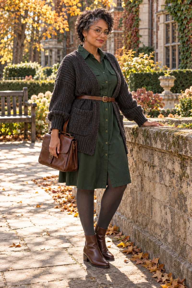 Forest Green Shirt Dress, Belted Cardigan, and Ankle Boots