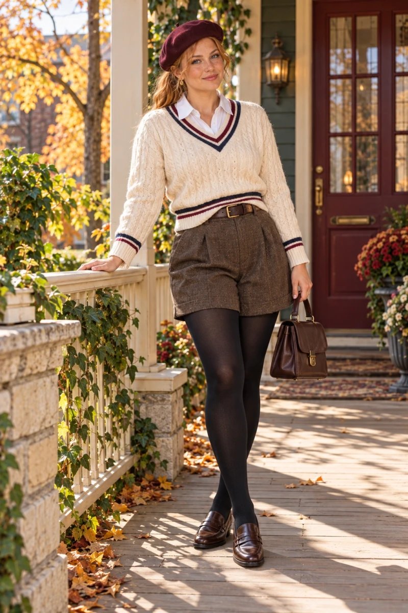 Cricket Sweater, Tailored Shorts, and Opaque Tights
