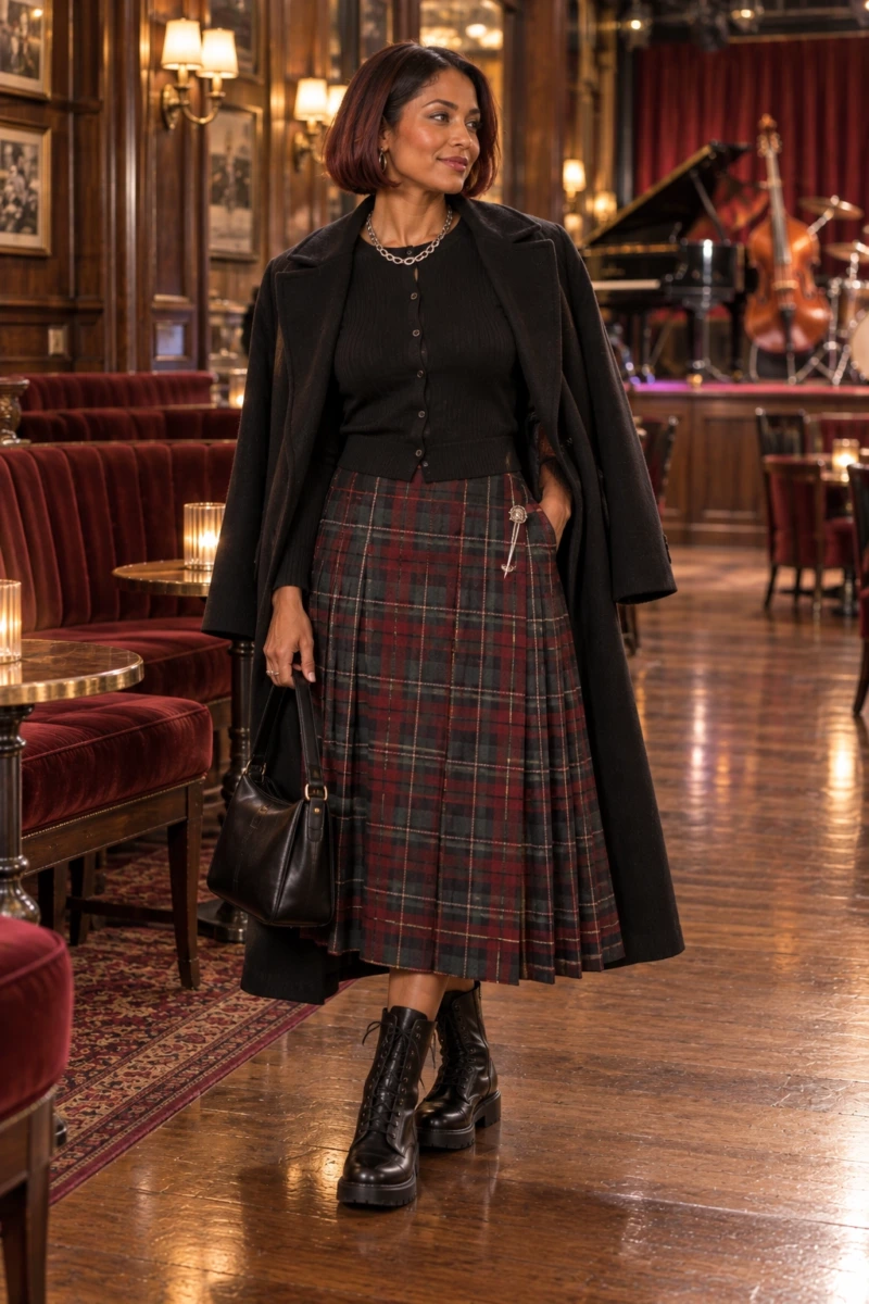 Black Ribbed Cardigan, Midi Kilt, and Combat Boots