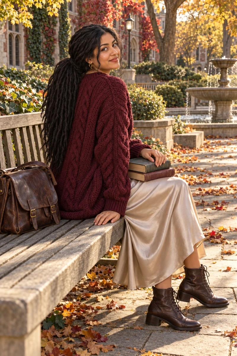 Oversized Library Sweater, Silk Slip Skirt, and Lace-Up Boots