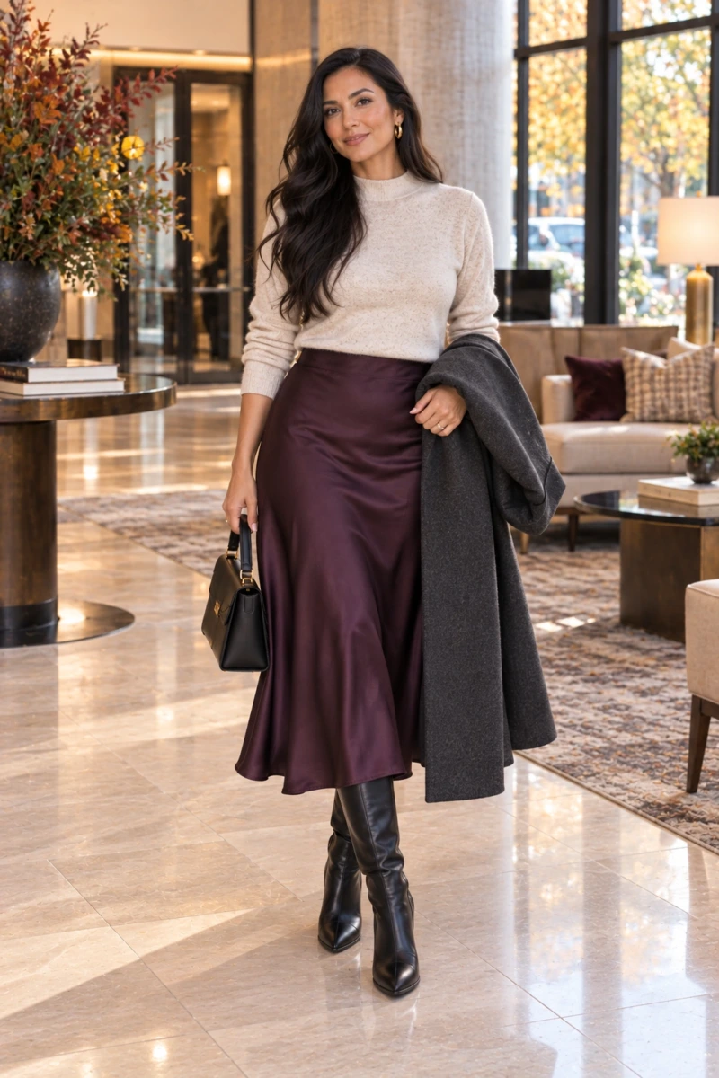 Tall Boots, a Sweater, and a Satin Midi Skirt