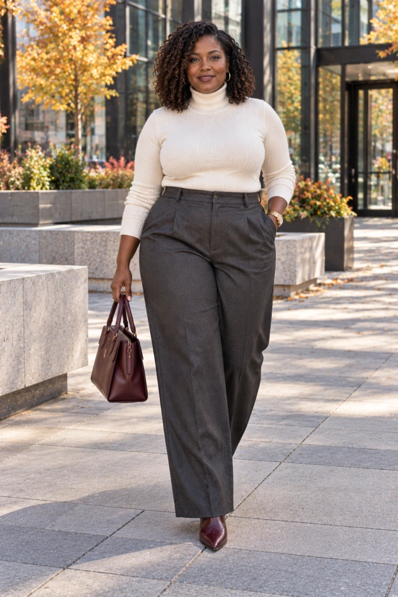 Pointed Ankle Boots, Wide-Leg Trousers, and a Turtleneck