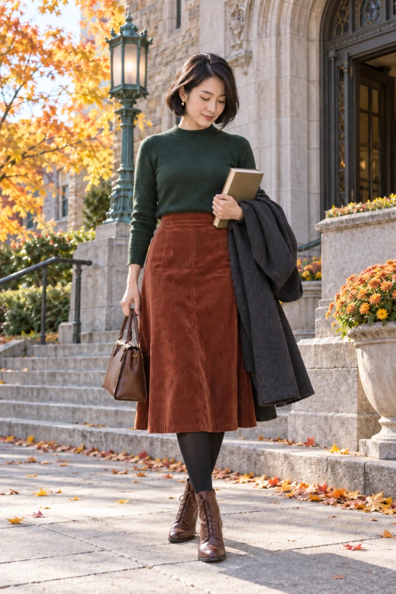 Lace-Up Boots, Corduroy Skirt, and Tights