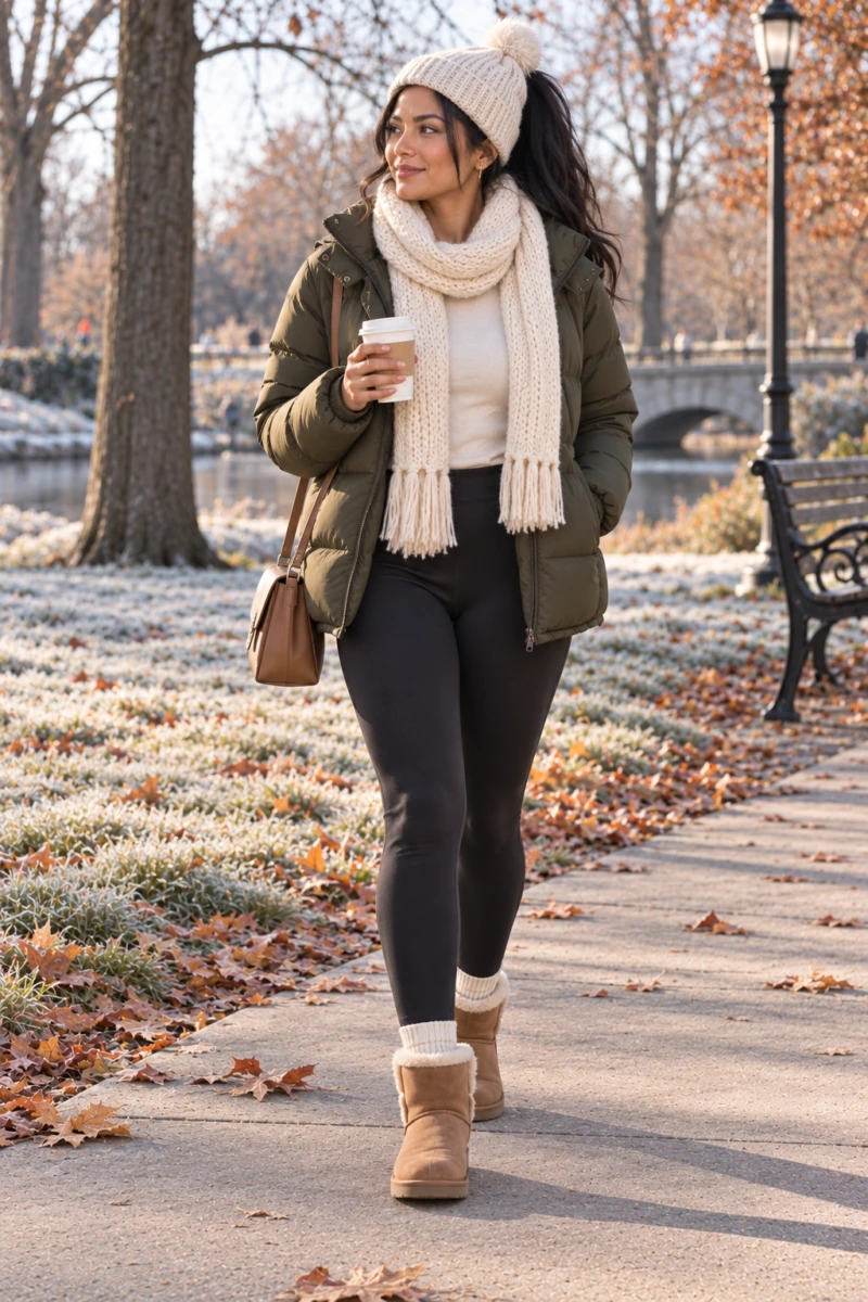 Shearling Boots, Leggings, and a Puffer Jacket