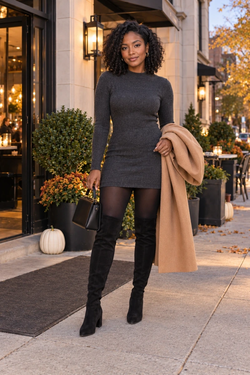 Over-the-Knee Boots, Mini Dress, and Tights