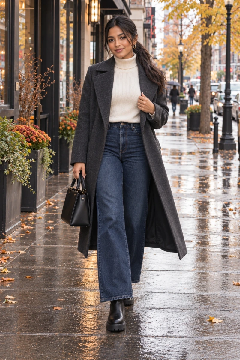 Lug-Sole Boots, Wide-Leg Jeans, and a Turtleneck