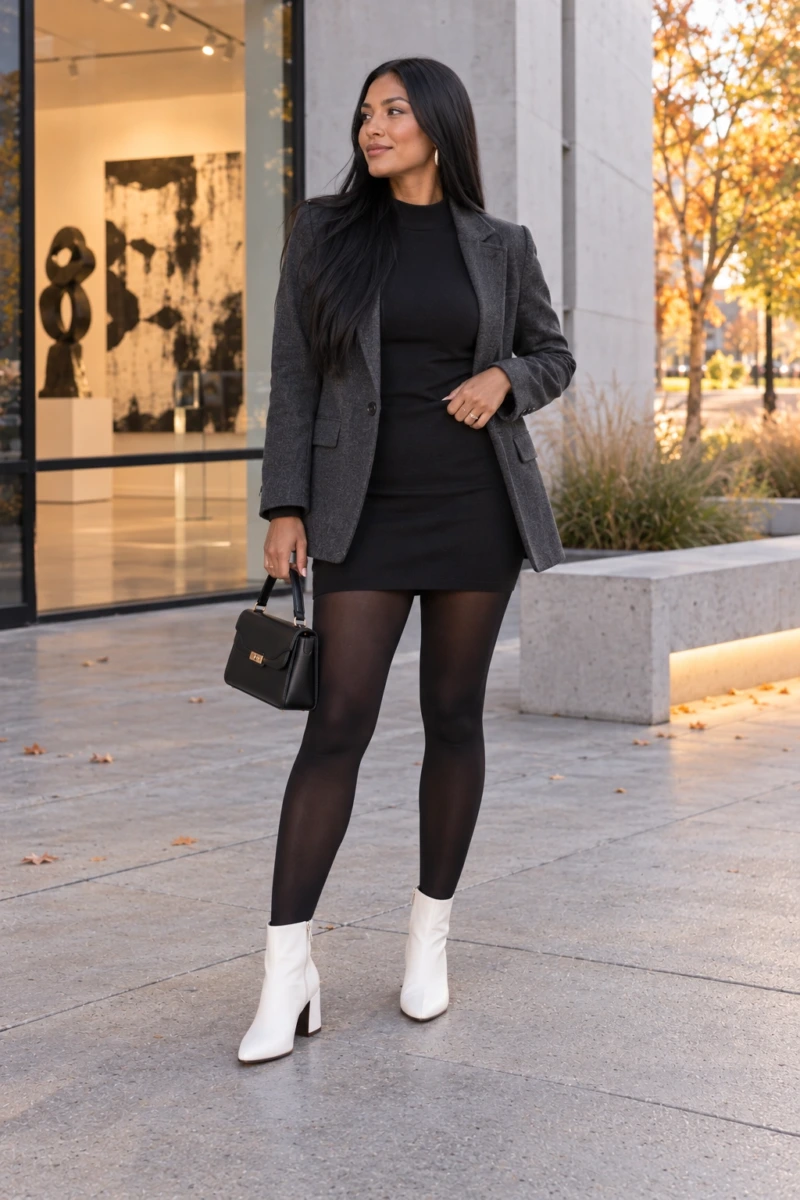 White Boots and a Black Mini Dress