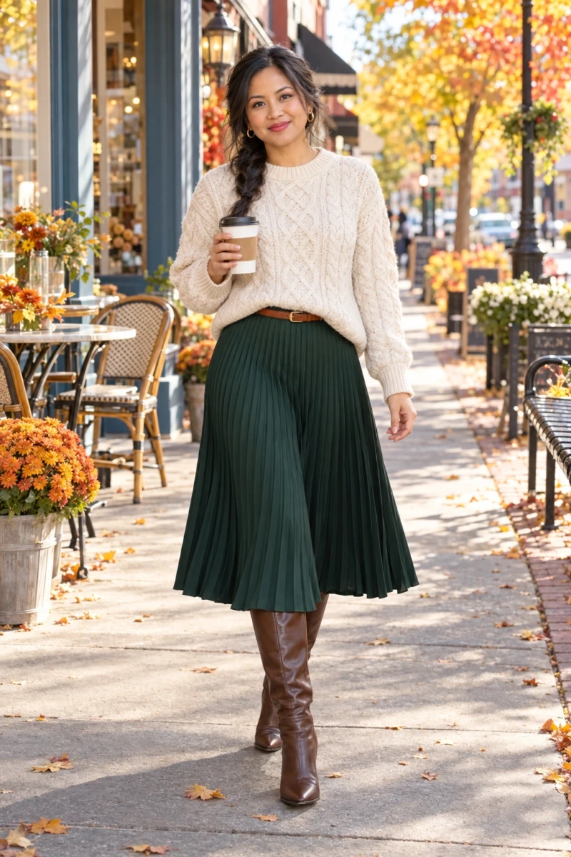 Pleated Midi Skirt, Chunky Knit, and Knee High Boots