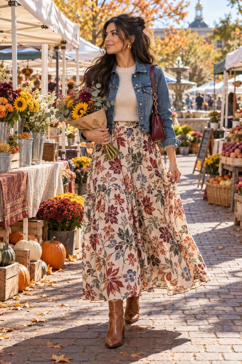 Printed Maxi Skirt, Denim Jacket, and Boots