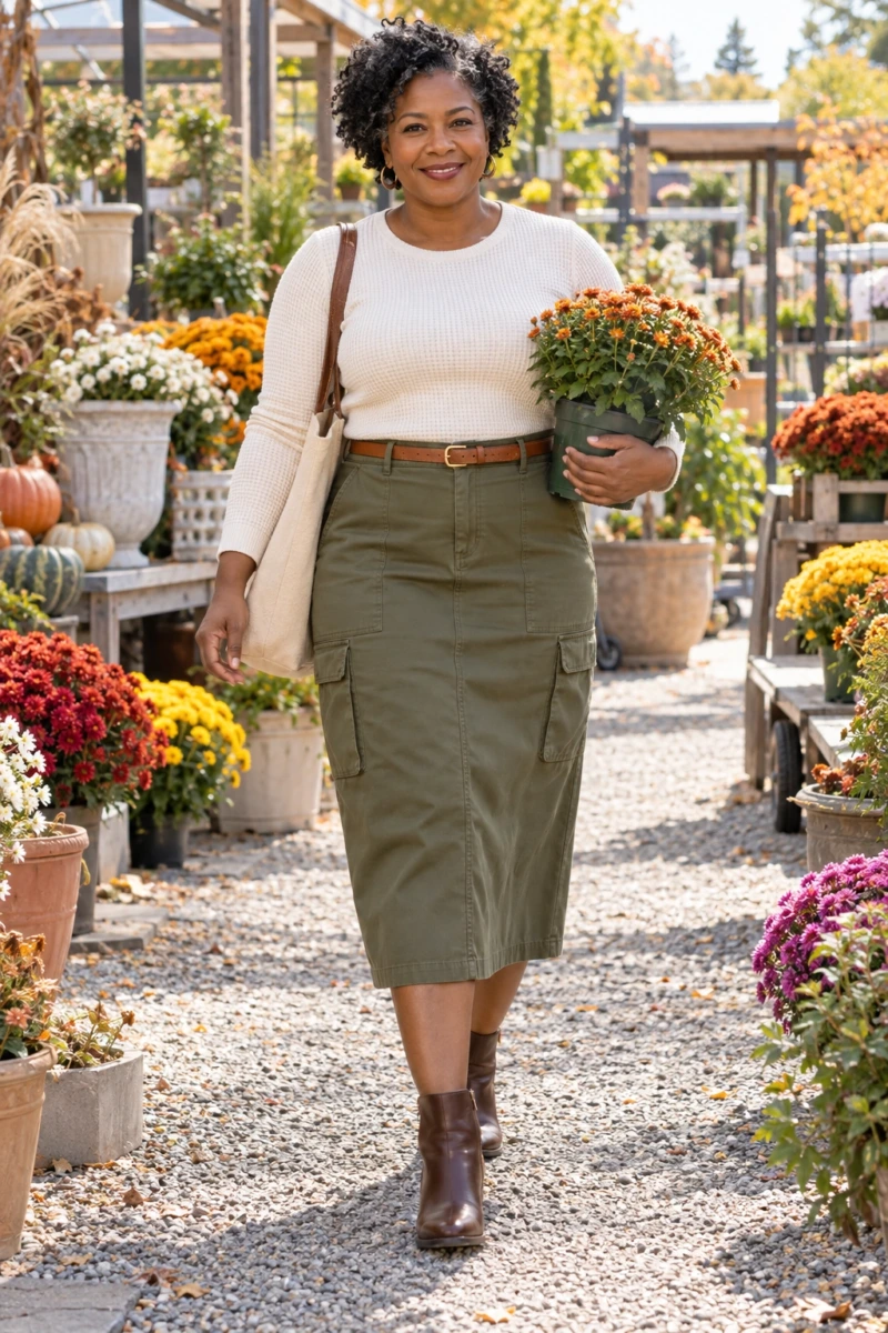 Olive Utility Skirt and a Cream Waffle Knit