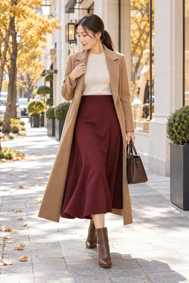 Burgundy Midi Skirt With a Camel Coat