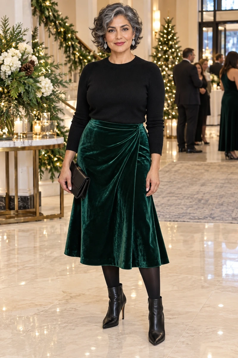 Velvet Midi Skirt and a Simple Black Knit