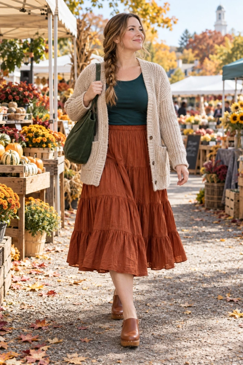 Tiered Cotton Midi Skirt, Chunky Cardigan, and Clogs
